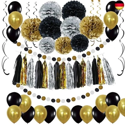 Schwarz Gold Party Deko Set - DIY Pompoms Blumen, Quaste Girlande, Luftballons, - Bild 1 von 4