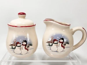 Schneemann Milchkännchen und Zuckerdose 4,5 Zoll beige Steinzeug roter Rand Weihnachten Urlaub - Bild 1 von 21