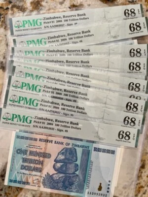 OFFICIALLY CERTIFIED ZIMBABWE 100 TRILLION 2008 DOLLAR P91 AA PMG 68 EPQ - WOW - Image 1 of 4