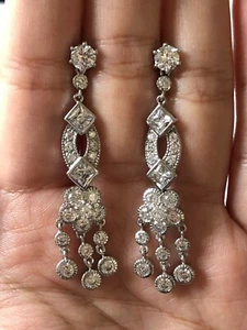 Chic Round & Princess Clear CZ Flower Chandelier-like Style 925 Silver Earrings  - Picture 1 of 6