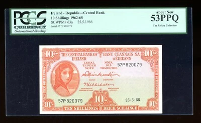 DBR Ireland 10 shillings Lady Lavery dated 25.5.66 PCGS 53 PPQ Serial 57P 820079 - Image 1 of 2