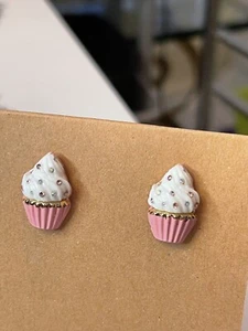 Betsey Johnson Pink & White Rhinestone Cupcake Earrings Perfect Condition - Picture 1 of 9