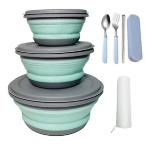 Camping Bowl,3x Silicone Collapsible Food Storage Containers w/folding tableware - Picture 1 of 10