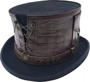 Handcrafted Black & Brown Leather Steampunk Top Hat Corset Gothic Style for him - Picture 1 of 3