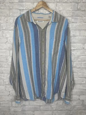 Tommy Bahama 100% 亚麻长袖衬衫男式 2XL XXL 洗条纹海滩 — 第 1/4 张图片