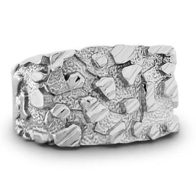 Solid 18K White Gold Mens Nugget Ring Diamond Cut Heavy Wide Face, Size 5 - 15 - Image 1 of 4
