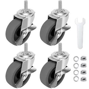 Caster eels, 3" Locking Swivel Stem Casters Set with Brake of 4, 3/8"-16 X 1" (S - Picture 1 of 12