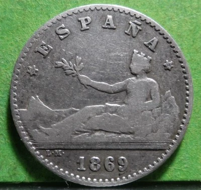  PROVISIONAL GOVERNMENT - REPUBLIC 1st,  50 Centimos, 1869 Stars 6-9, Silver - Image 1 of 2