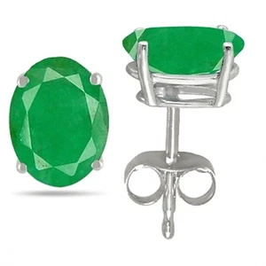 8x6 Oval Shape Emerald Earrings in 14k White Gold - Picture 1 of 2