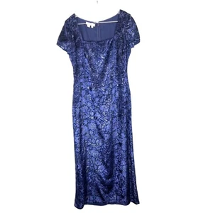 Womens 10 Y2K Boho Chic Blue Metallic Burnt Velvet Narrow Waist Gown Kay Unger - Picture 1 of 13