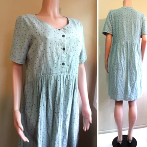 Pink Blush Market Dress L Knee Length Cotton Spa Blue Ditsy S/Sleeve Button - Picture 1 of 10