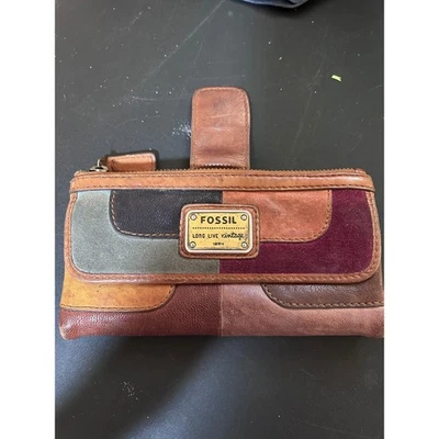 Cartera sin asas de cuero con retazos fósiles marrón multicolor cierre a presión Foto 1 de 4