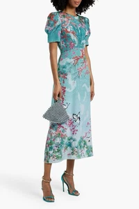 SALONI Bianca turquoise asian bird floral print silk dress US size 8 - Picture 1 of 5