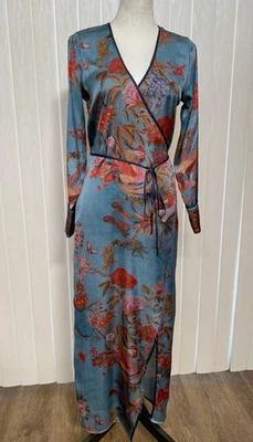 Zara Satin Kimono Teal Floral Printed Asian Wrap Dress Size Small - Image 1 of 4
