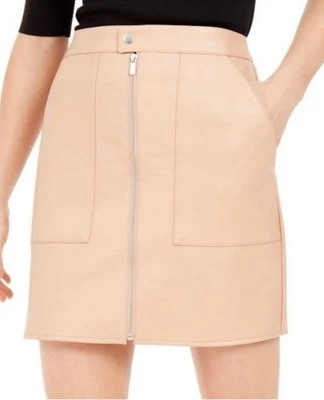 Bar III Vegan Leather Mini Skirt Fatigue Pocket Tan Pink Front Zip Age Blush 6 - Image 1 of 4