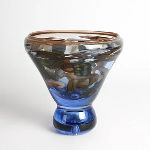 Studioglas Vase STEVE TOBIN 1982 signiert FACES Kelchvase Blau Braun dekorativ - Picture 1 of 8