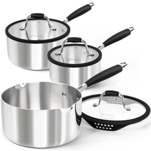 Triply Stainless Steel Saucepan Set with Strainer Lid, Heavy-duty Sauce Pan w... - Foto 1 di 8