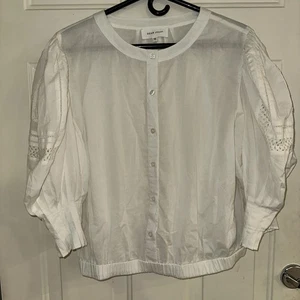 Dear John White Boho Blouse XL puff Sleeve Eyelet Lace button down macramé EUC - Picture 1 of 14
