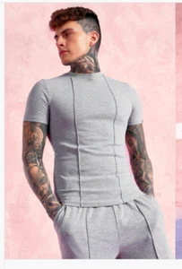 BNWT - Boohoo Man Muscle Fit Jacquard T-Shirt Grey Marl - S RRP £22 (1021) - Picture 1 of 3