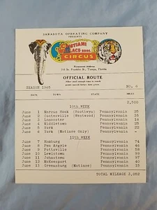 Vintage Cristiani Wallace Brothers Bros. Circus Official 1965 Route Card #6 - Picture 1 of 2