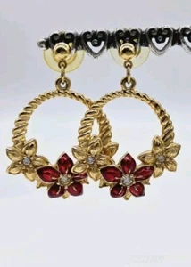 Vintage Flower Dangle Earrings Gold tone Red enamel 1.75 in Signed AVON crystal - Picture 1 of 8