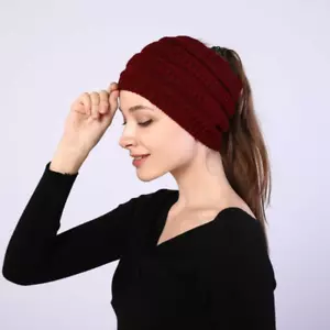 New Ponytail Messy Bun Solid Beanietail Knit Stretchy Beanie Soft Winter Hat Cap - Picture 1 of 16