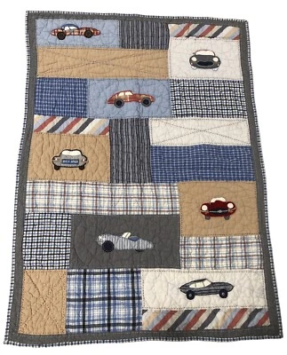 Pottery Barn Kids Race Cars Patchwork Throw Quilted 36x50" Blue Multi - Image 1 of 4