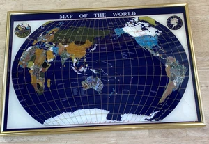 WORLD MAP Precious Gemstone Framed Lapis Lazuli 16 x 11  (Glass Has Crack) - Picture 1 of 22