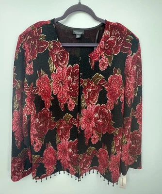 Chaqueta abierta floral roja Dressbarn dobladillo con cuentas arrugado talla 22/24 fiesta navideña Foto 1 de 4