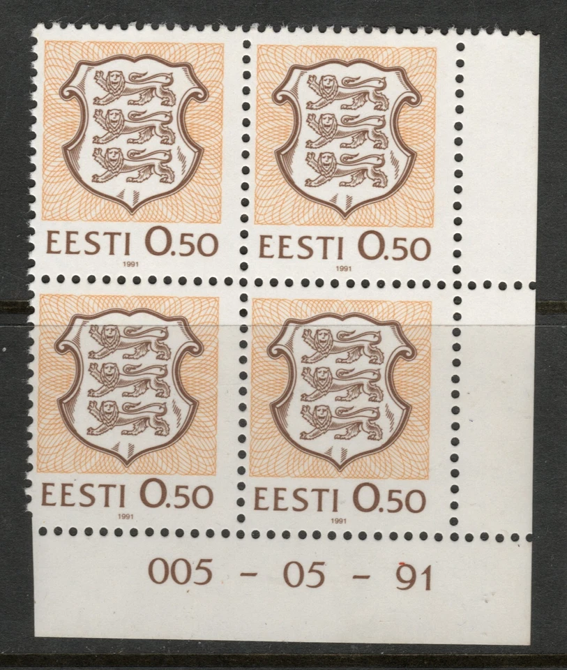 1991 ESTONIA EESTI 0.50 MNH Coat of Arms plate block of 4 stamps  005-05-91 - Image 1 of 1