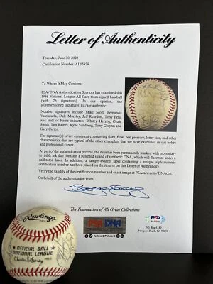 1986 NL All-Star Team Signed Baseball,Carter,Gwynn,Smith PSA/DNA 26 Autos,(B35) - Image 1 of 4