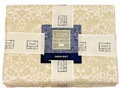 William Morris Strawberry Thief Natural Tan Queen Quilt Coverlet Botanical Birds - Image 1 of 4