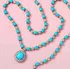 Oval Drop Pendant Turquoise And Diamond  14K White Gold Over 16" Tennis Necklace