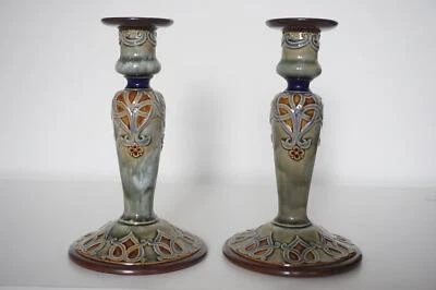 Pair Royal Doulton Lambeth Candlesticks - Art Nouveau - Louisa Wakely - c.1905 - Image 1 of 4