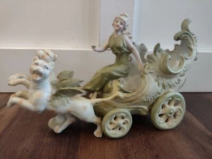 Rare Antique German Bisque B-105 1870-1890 Chariot Lady Woman Griffins Figurine - Picture 1 of 11