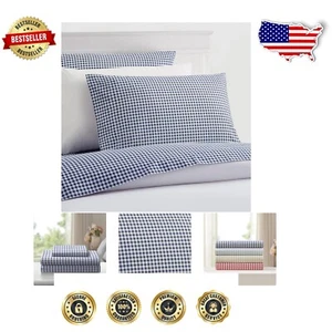 Navy Gingham Checkered 100% Cotton Sheet Set - Queen - Breathable & Durable - Picture 1 of 6