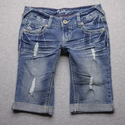 Amethyst Jeans Bermuda Shorts Denim Womens Size 0 Stretch Distressed Embroidered - Image 1 of 4