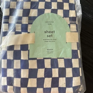 West Elm Kids Checkered Sheet Set queen New w tag Cobalt Blue NWT 4 PCs - Picture 1 of 5