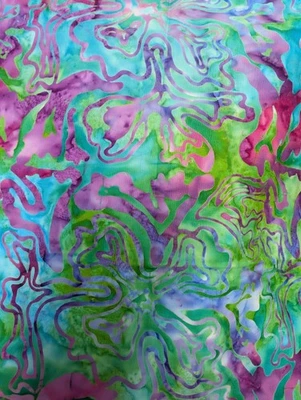 Batik Green Teal and Purple Floral Design 100% Cotton Fabric 27 inches plus - Image 1 of 3