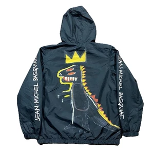 Basquiat Members Only Jacket L Black Hooded Windbreaker Crown Dino Art - Picture 1 of 10