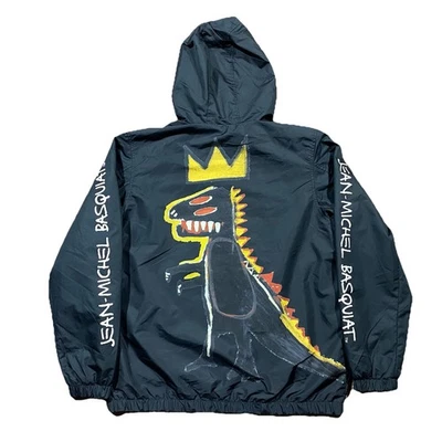 Basquiat Members Only Jacket L Black Hooded Windbreaker Crown Dino Art - Image 1 of 4