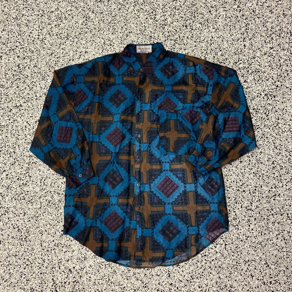 Montage Pour Homme Vintage 90s Silk Long Sleeve Button Up Shirt Men's Medium - Image 1 of 4