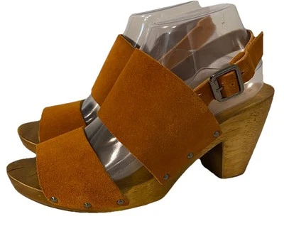 Sandalia Kelsi Dagger KDB cuña de madera cuero correa para el tobillo gamuza tacón grueso talla 9 Foto 1 de 4