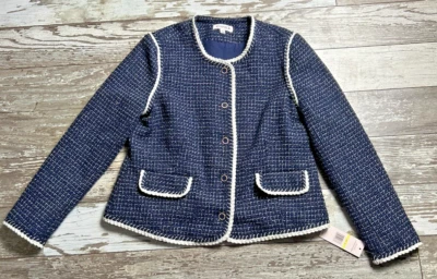 Chaqueta Blazer Nanette Lepore Tweed Azul Marino con Pipa Blanca Plateada Forrada Mediana Nueva con Etiquetas Foto 1 de 4