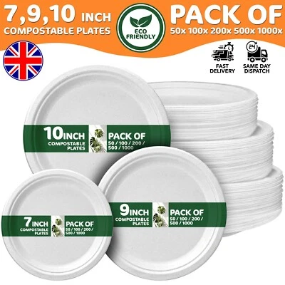 Biodegradable Paper Bagasse Rigid Paper Plates Disposable Party Plates 7 9 10 UK - Image 1 of 4