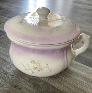 Vintage Chamber pot ceramic lavender floral 3 pc cottage core farmhouse 9” x 6”