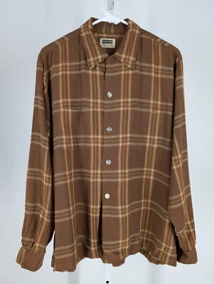 Camisa de acampamento vintage anos 50 gabardine rayon 2 dobras xadrez gola atômica L Rockabilly - Imagem 1 de 3