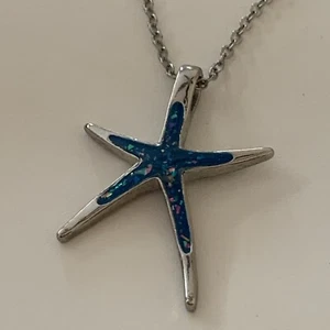 925 Sterling Silver Simulated Blue Fire Opal Inlay Starfish Pendant Necklace - Picture 1 of 9