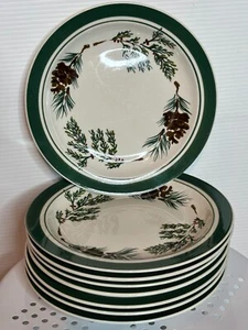 8-Piece Set LL Bean Pinetree Evergreen Pinecone Stoneware Salad Dessert Plates - Picture 1 of 6