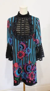 Vintage Y2K Anna Sui Silk Patterned Shift Dress w/ Lace Bell Sleeves Blue Size 4 - Bild 1 von 11